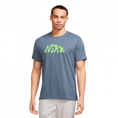 Nike T-Shirt Running Miler S72 Diffused Blue Lime Uomo